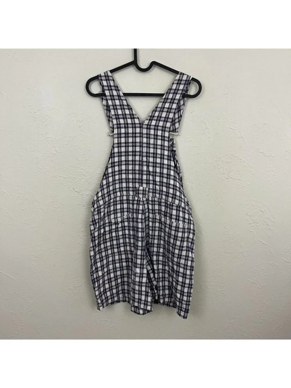 90s navy cream plaid artsy cottagecore cotton linen overall shorts